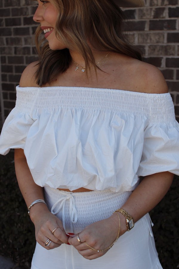 The Woven Cotton Smocked Off The Shoulder Top