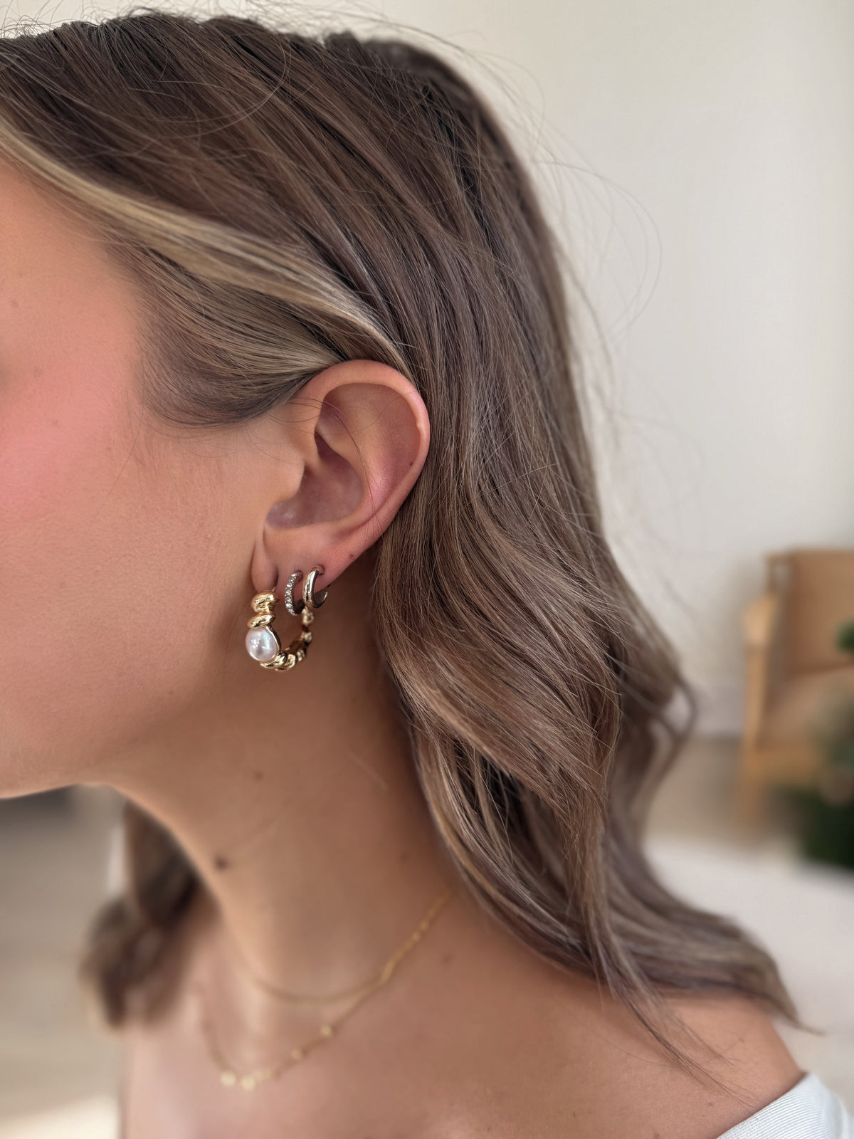 The Abstract Metallic Pearl Stud Hoop Earrings